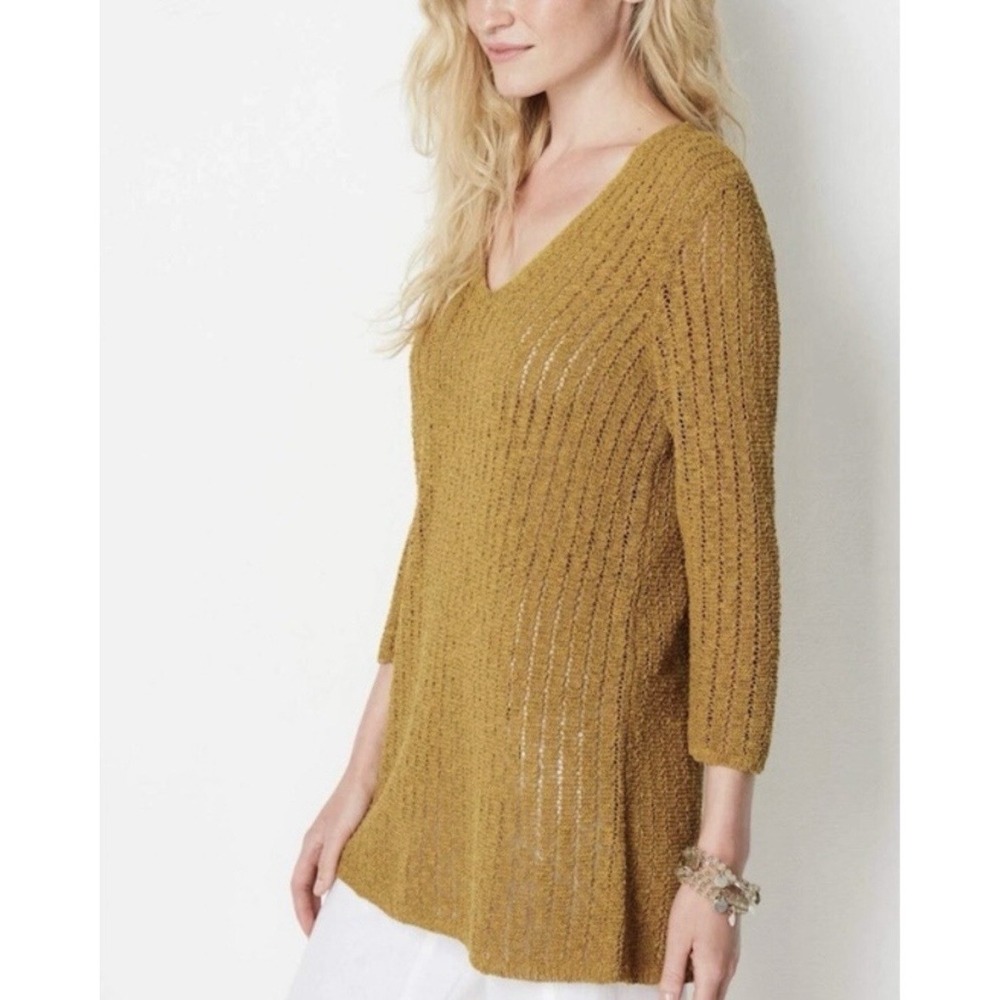 J Jill Gilded Coin Open Stitch Knit Sweater Tunic Size Medium 3/4 Sleeve